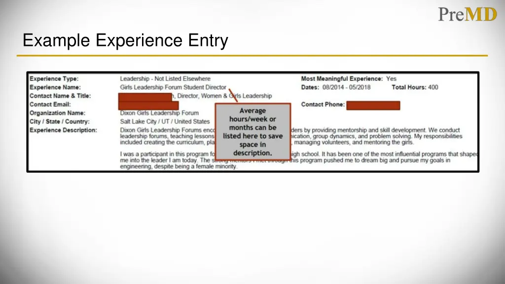 example experience entry