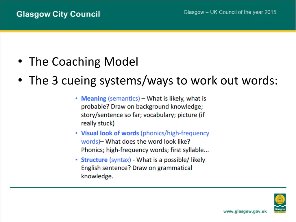 the coaching model the 3 cueing systems ways