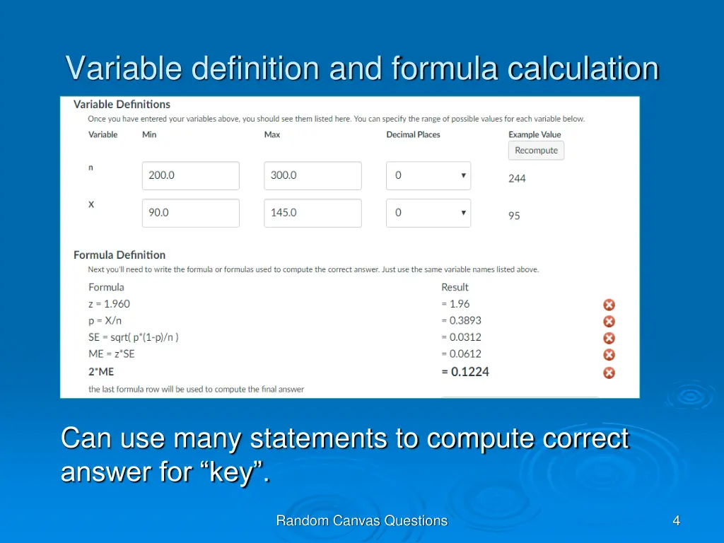 variable definition and formula calculation