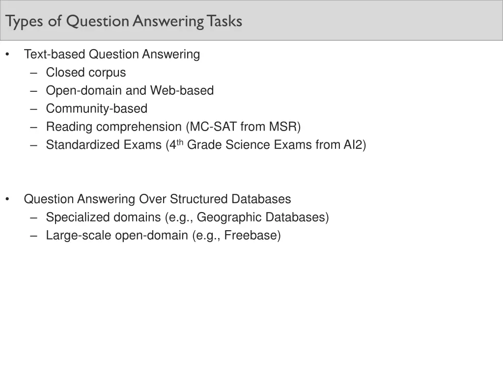 types of question answering tasks