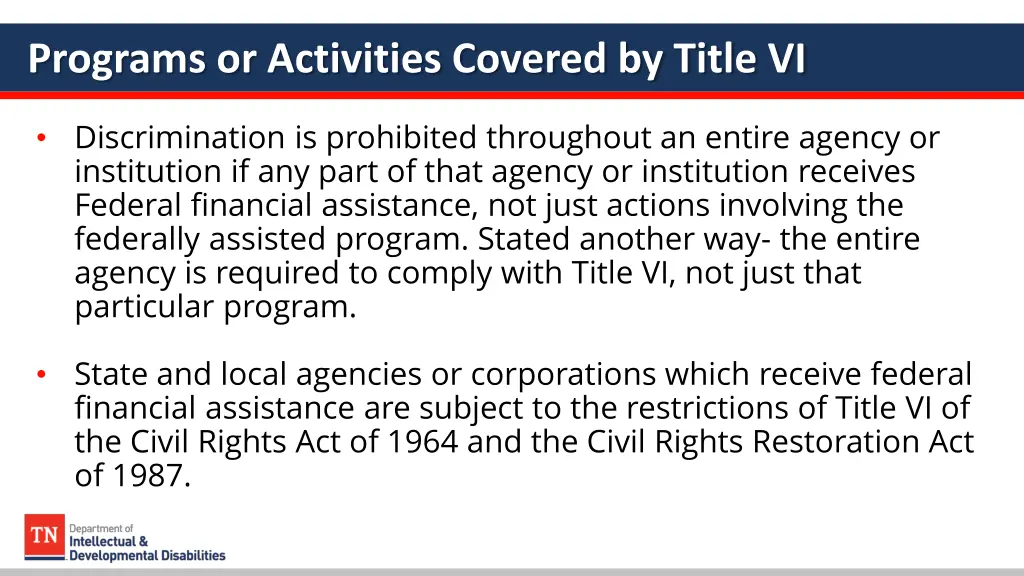 programs or activities covered by title vi