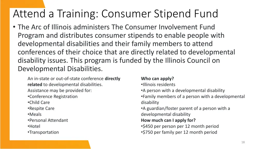 attend a training consumer stipend fund