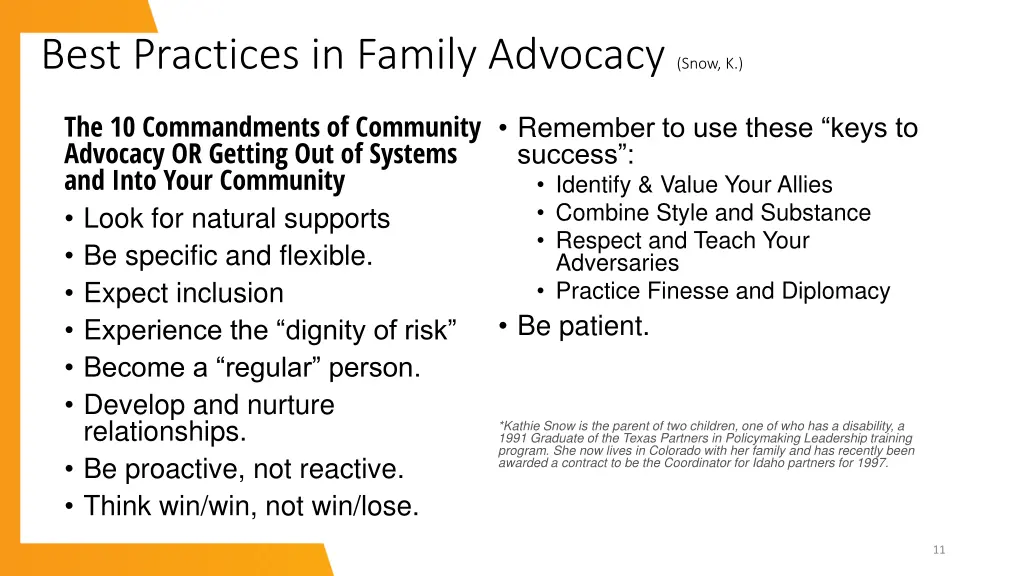 best practices in family advocacy snow k