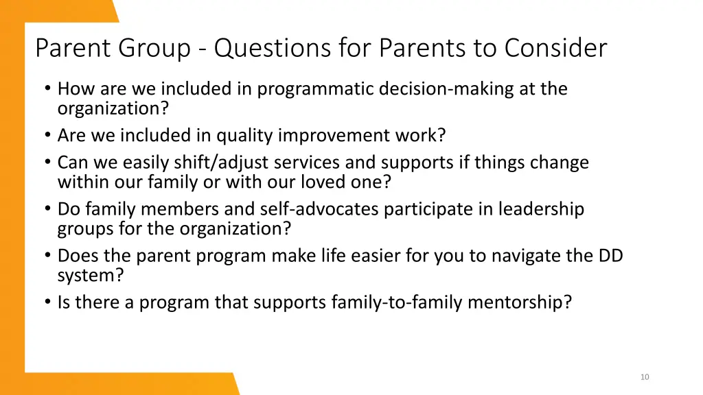 parent group questions for parents to consider