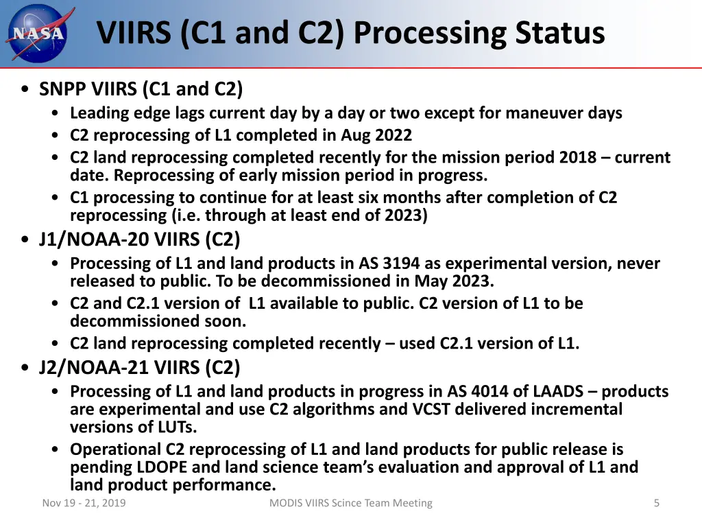 viirs c1 and c2 processing status