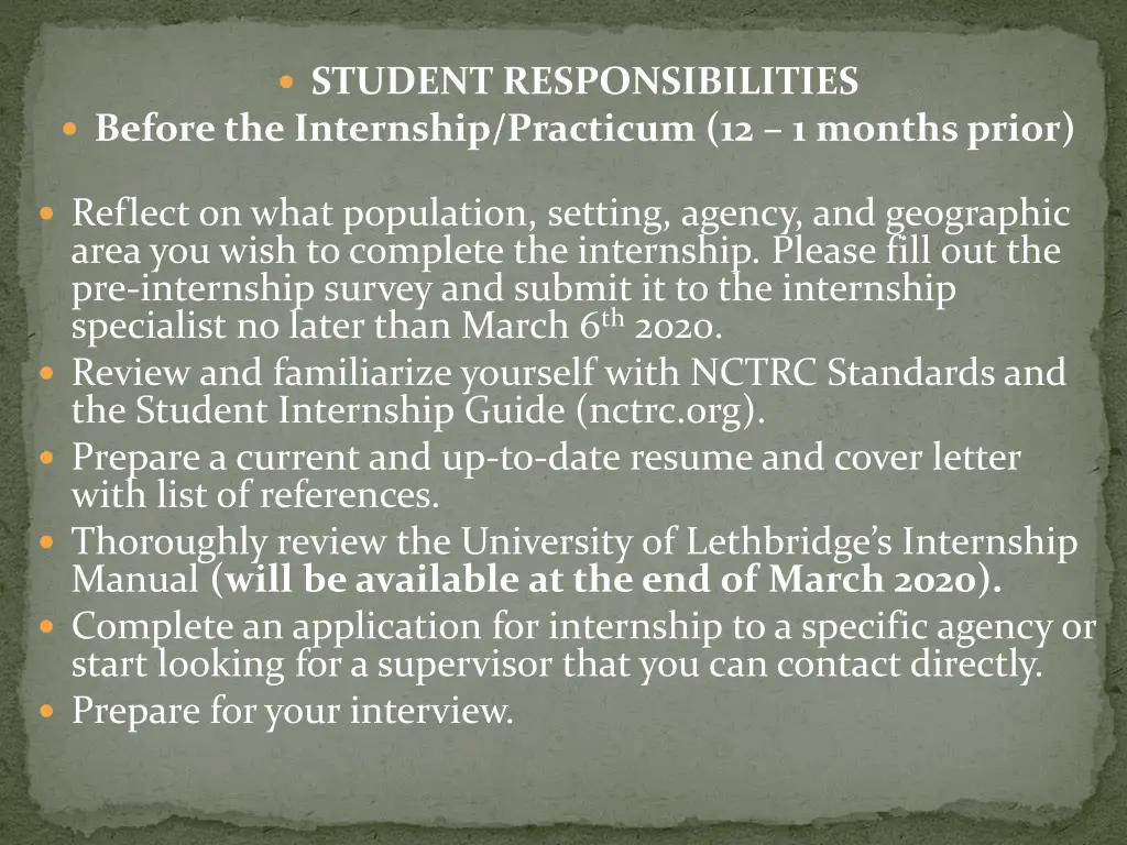 student responsibilities before the internship