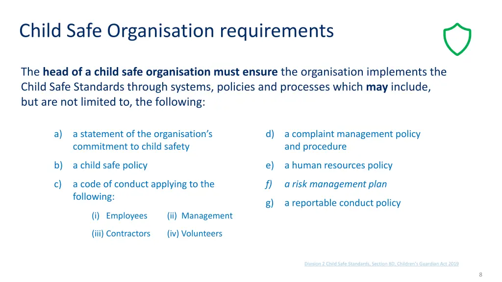 child safe organisation requirements