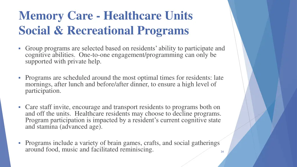 memory care healthcare units social recreational