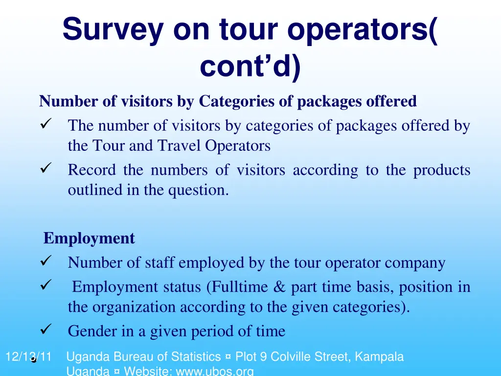 survey on tour operators cont d number