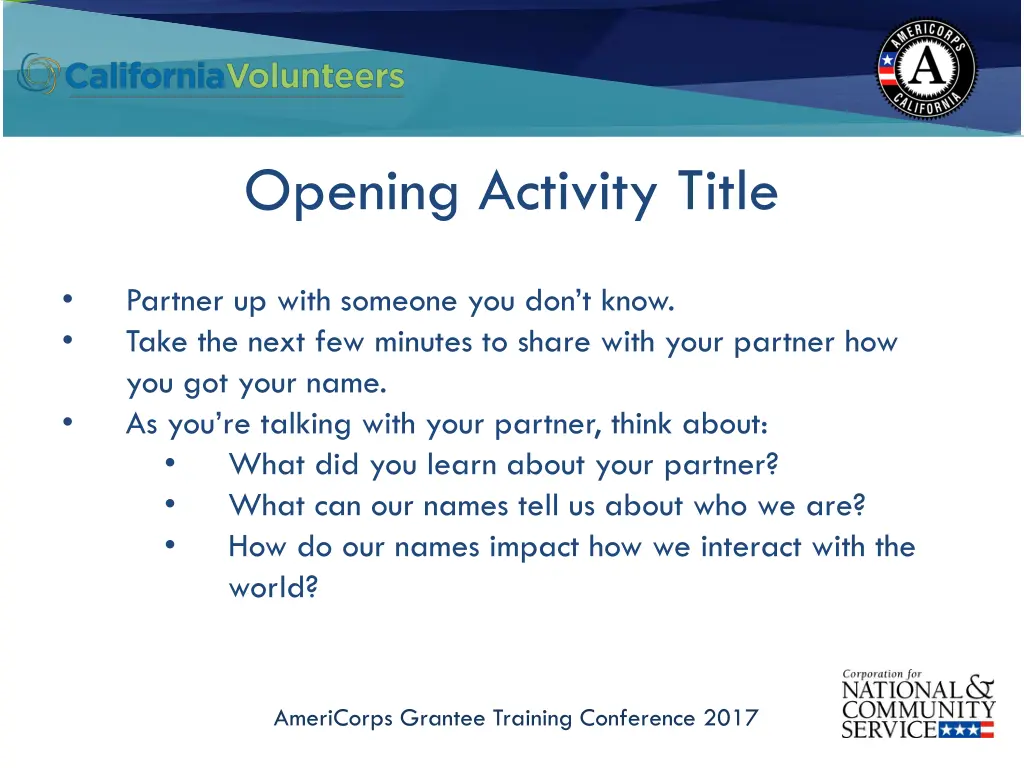 opening activity title