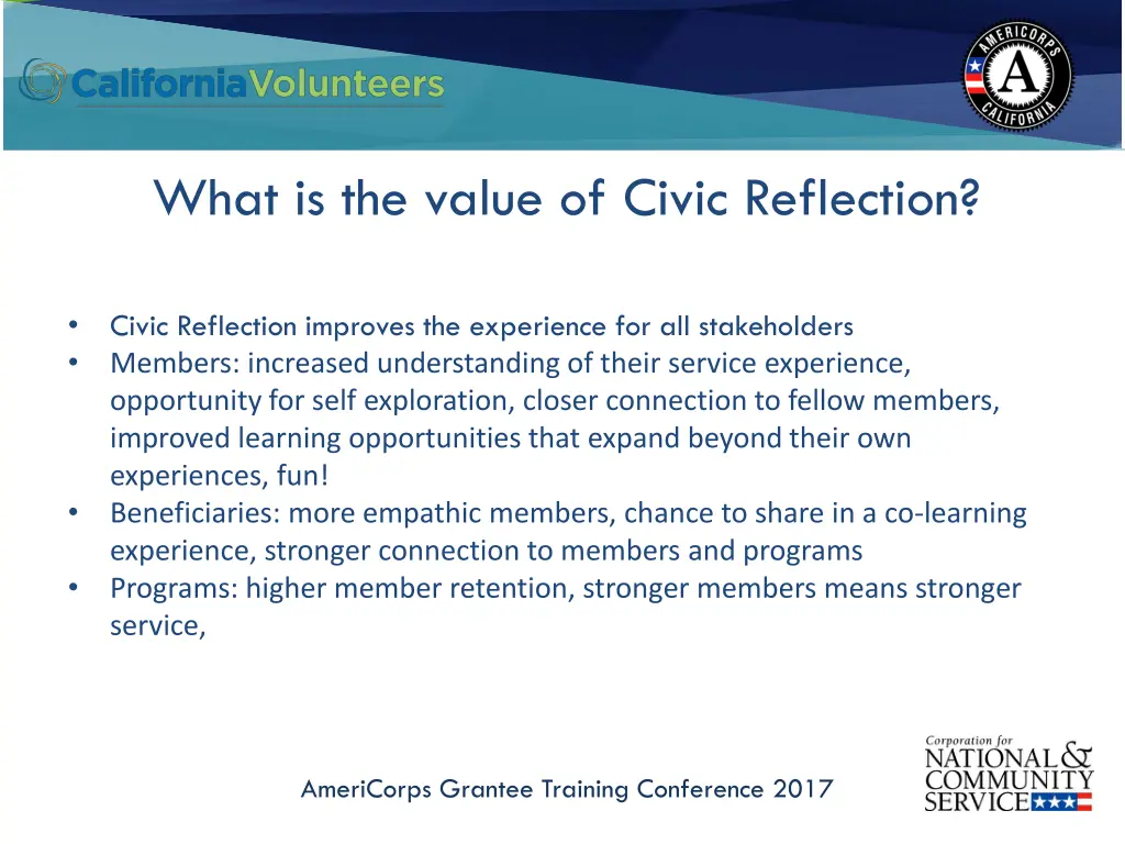 what is the value of civic reflection