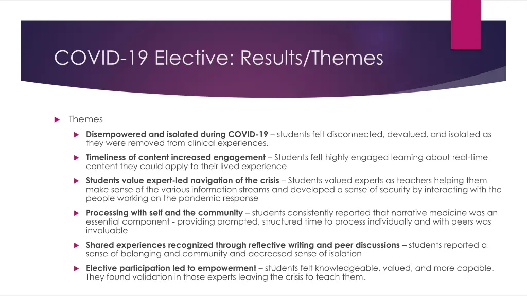 covid 19 elective results themes