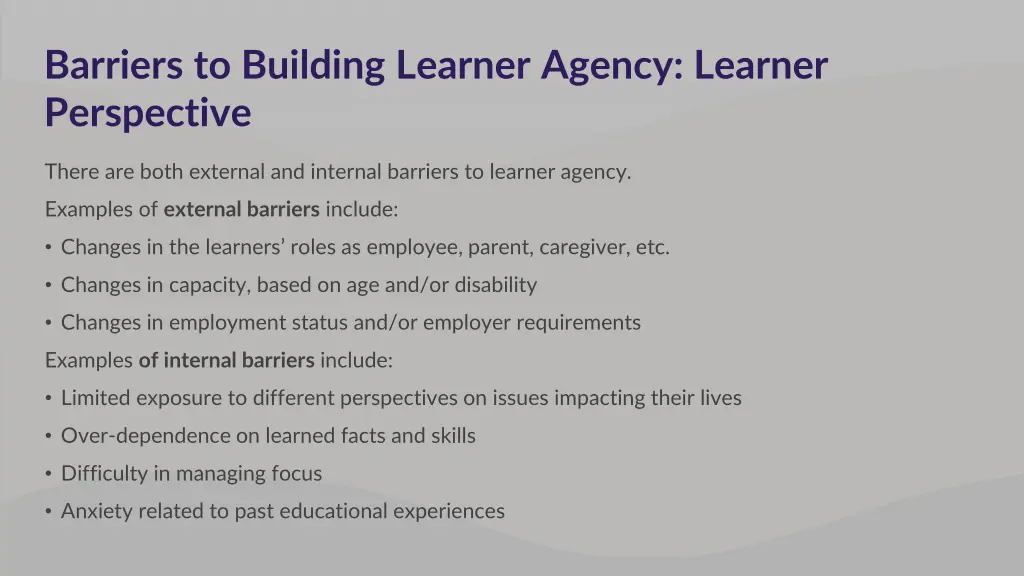 barriers to building learner agency learner