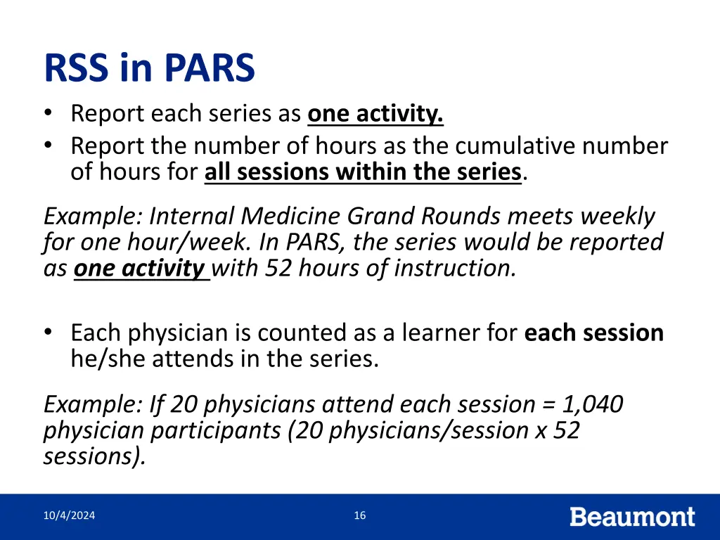 rss in pars report each series as one activity