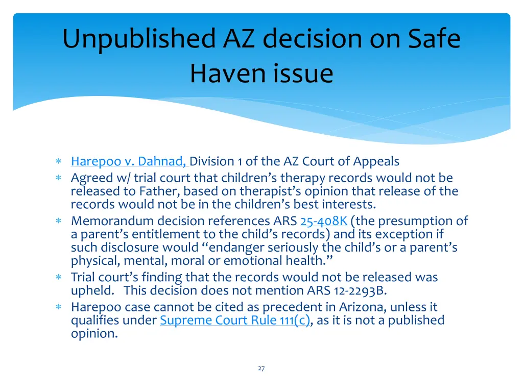 unpublished az decision on safe haven issue