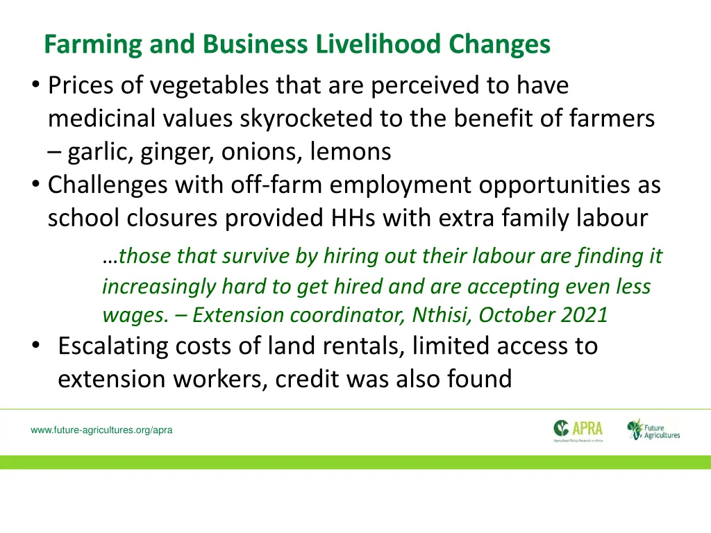 farming and business livelihood changes prices