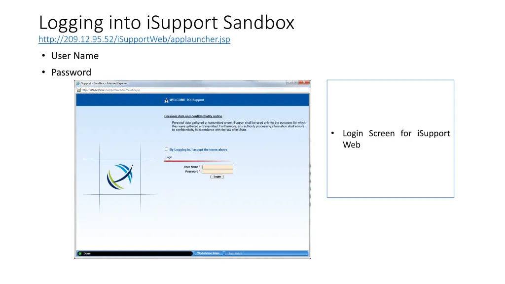 logging into isupport sandbox http