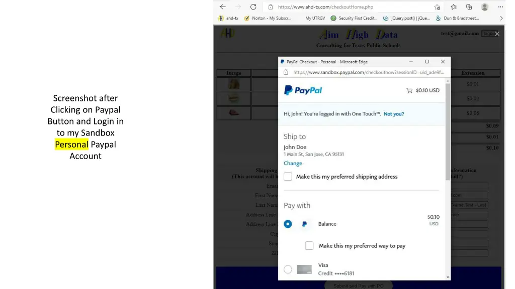 screenshot after clicking on paypal button