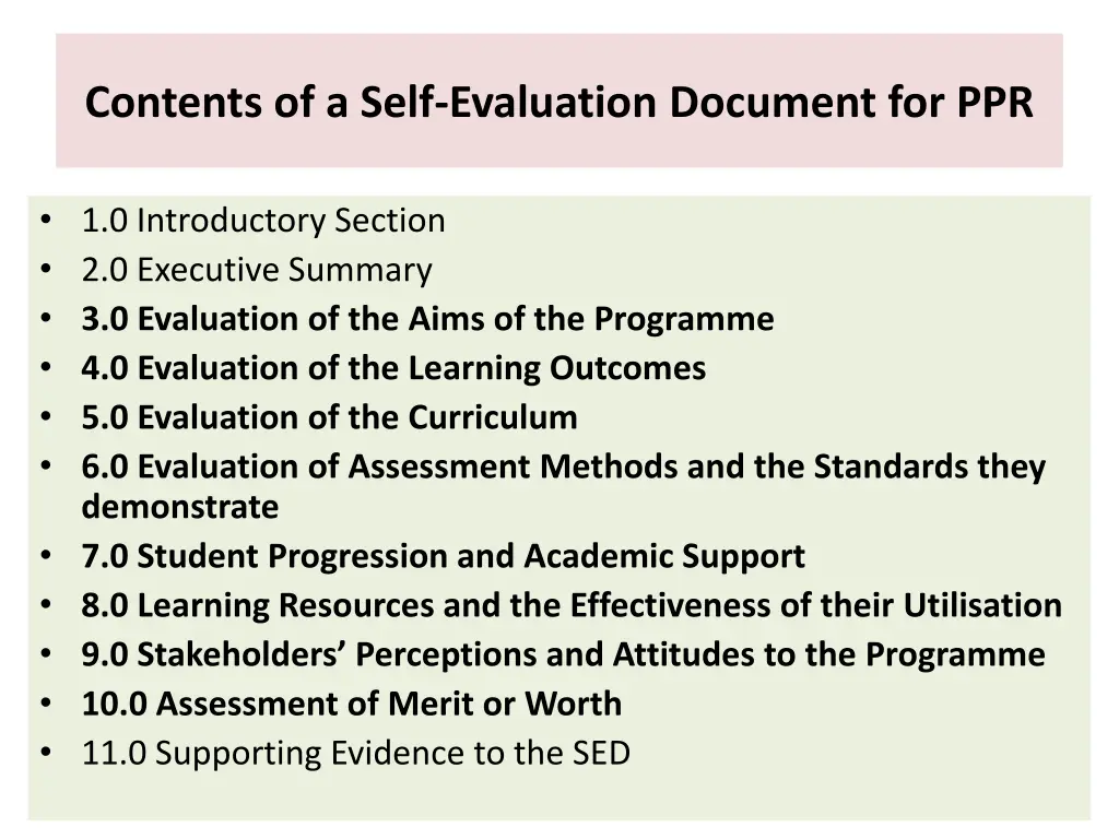 contents of a self evaluation document for ppr