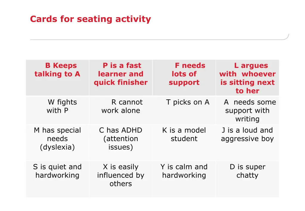 cards for seating activity