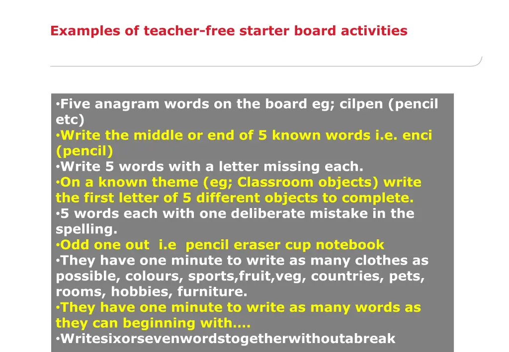 examples of teacher free starter board activities