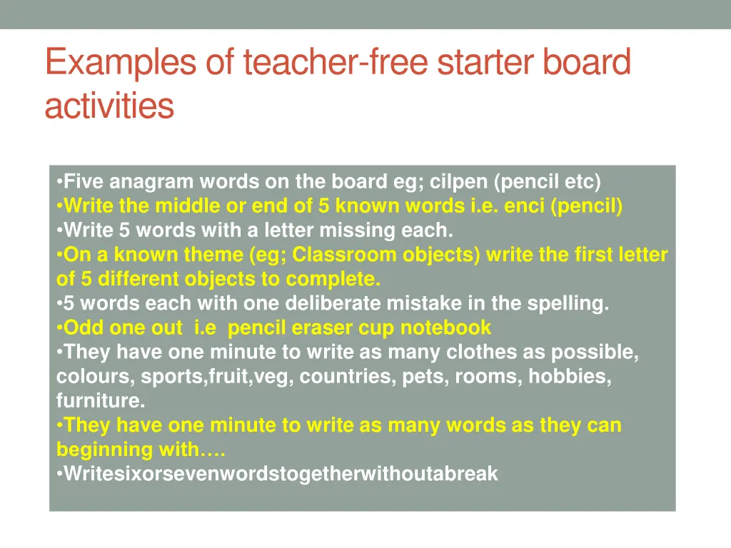 examples of teacher free starter board activities