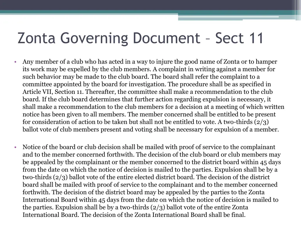 zonta governing document sect 11