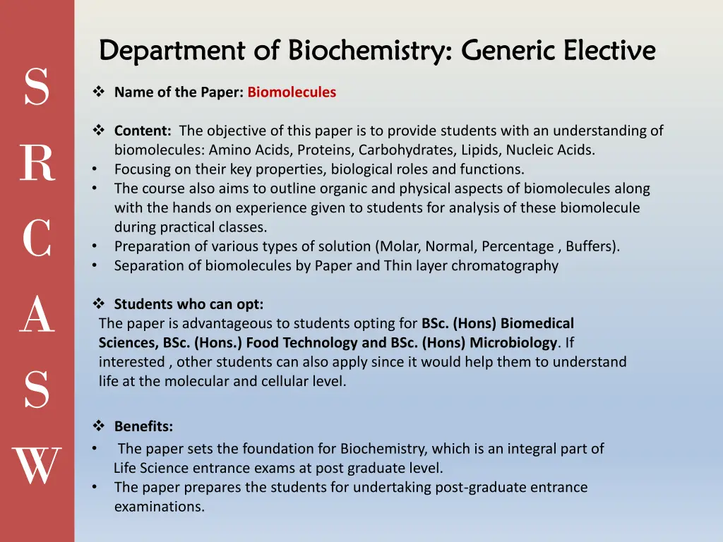 department of biochemistry generic elective