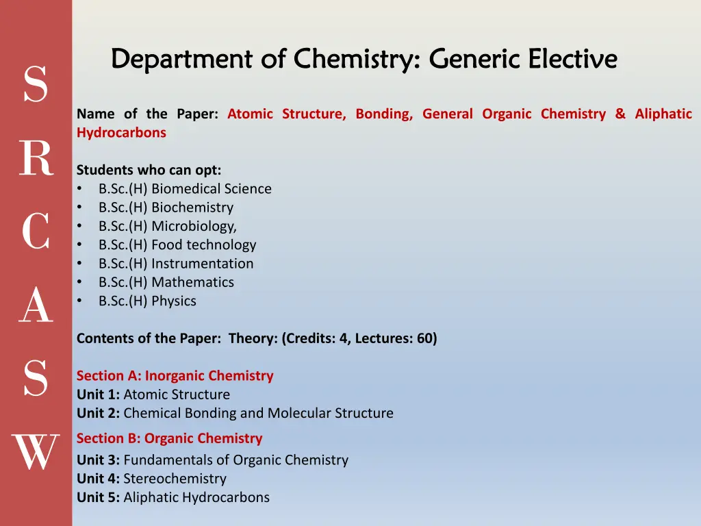 department of chemistry generic elective