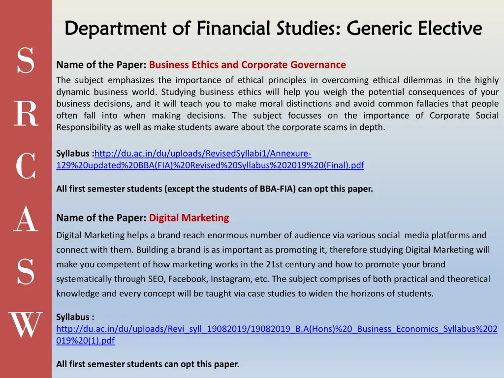 department of department of financial studies