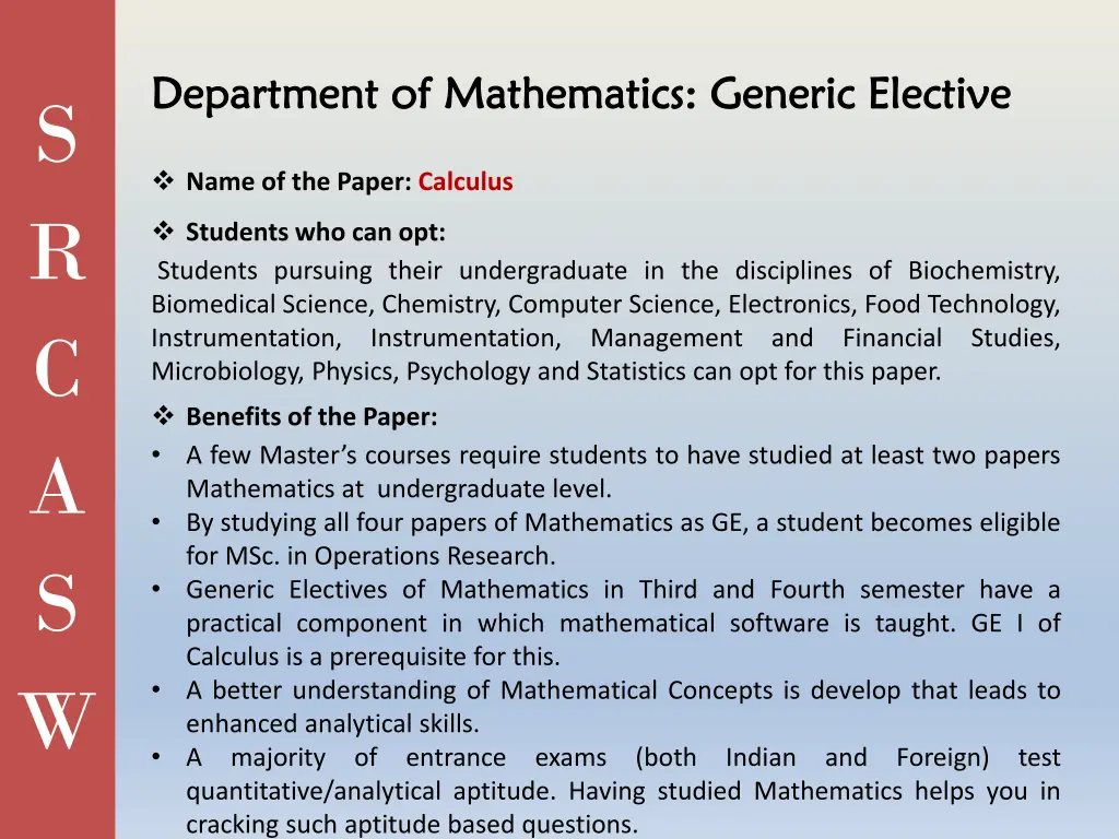 department of mathematics generic elective