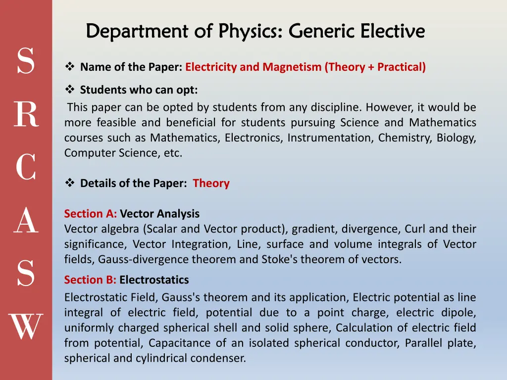 department of physics generic elective department