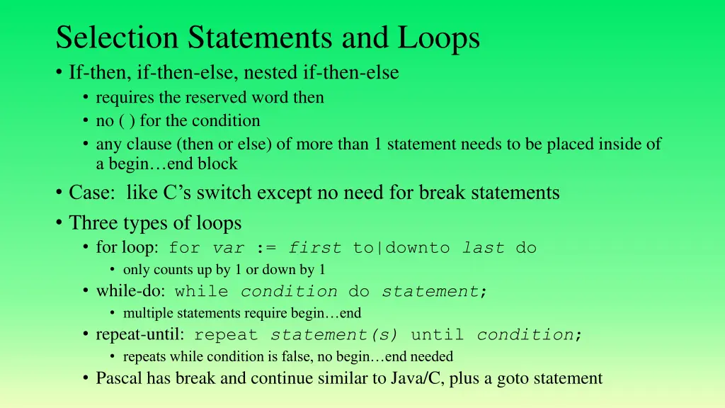 selection statements and loops if then if then