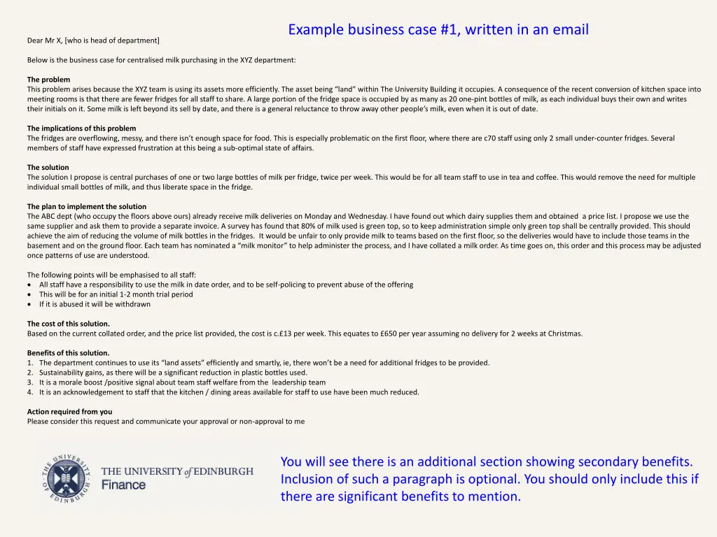 example business case 1 written in an email