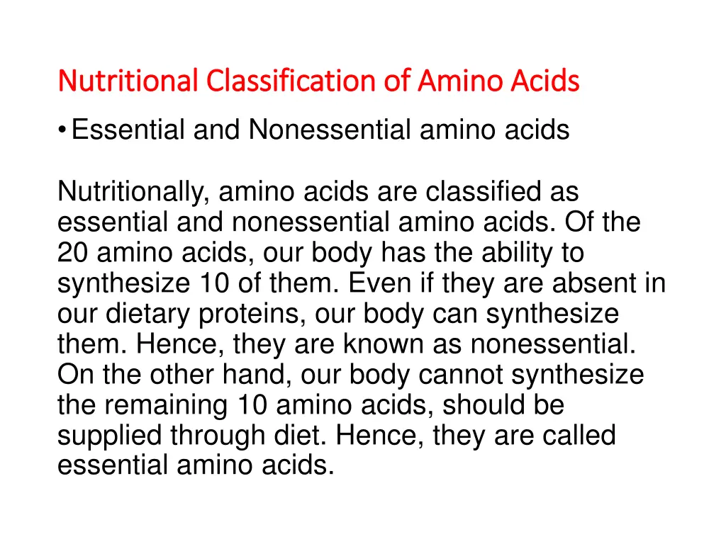 nutritional nutritional classification of amino