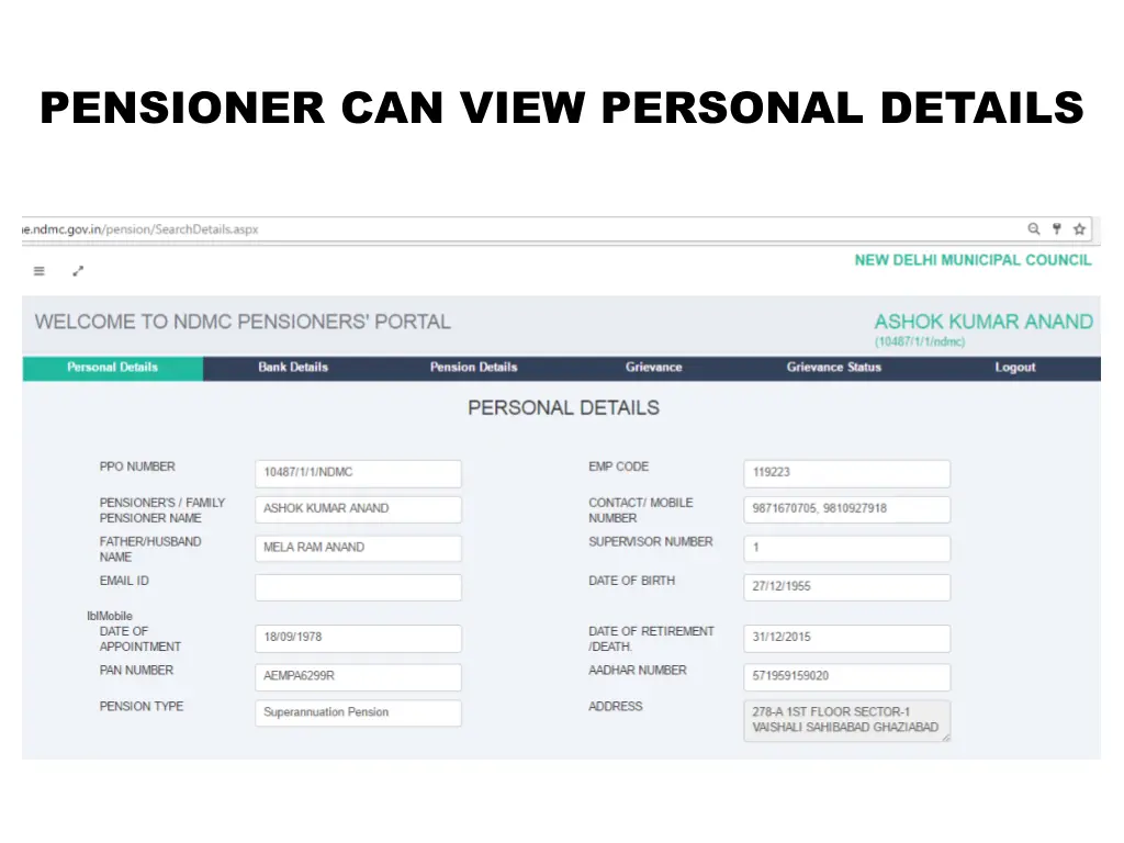 pensioner can view personal details