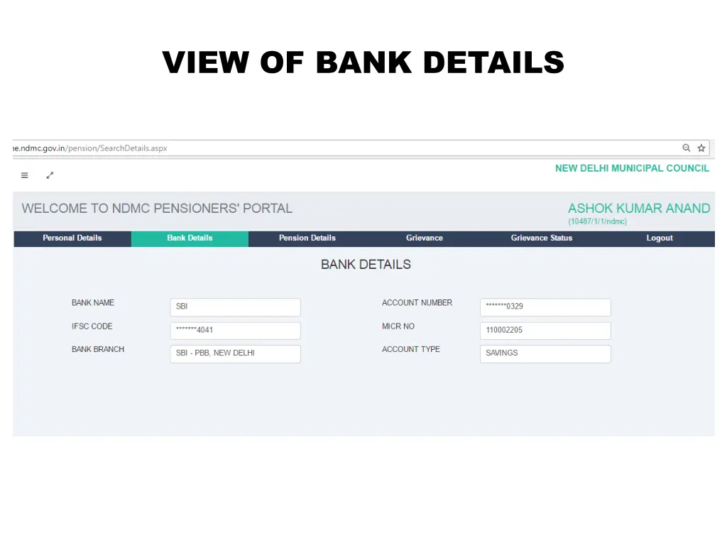 view of bank details