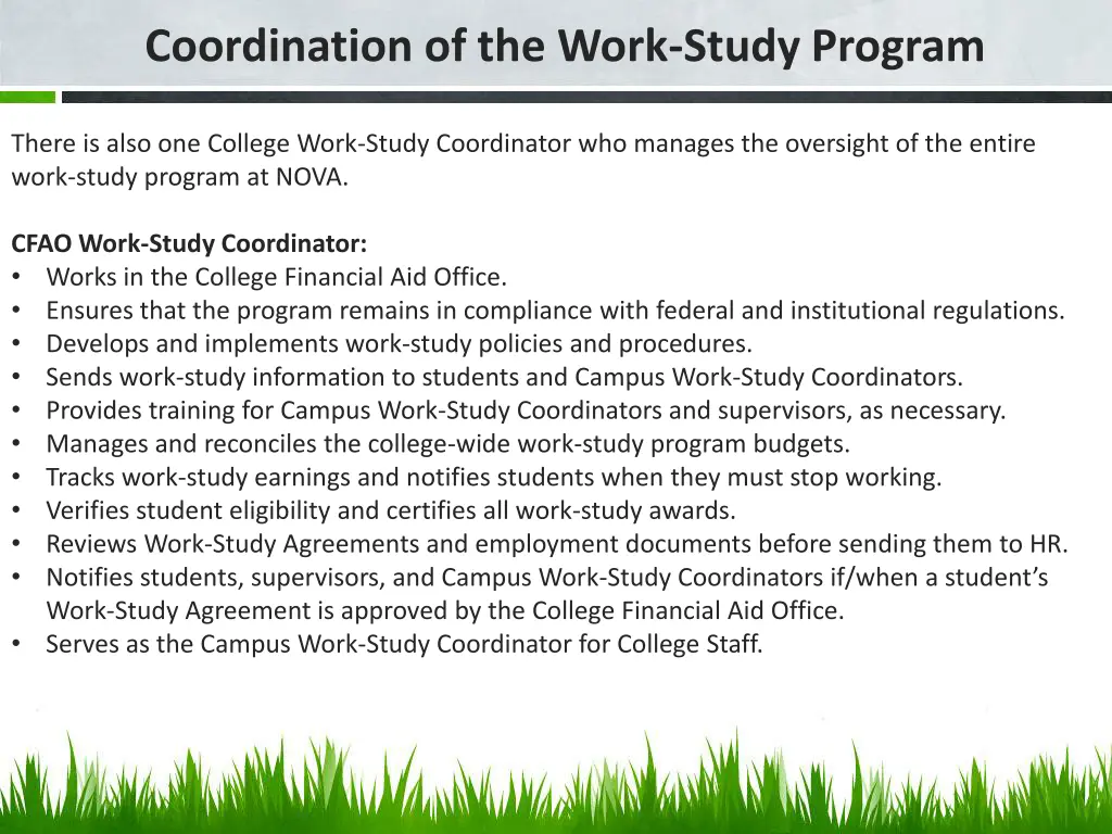 coordination of the work study program 1