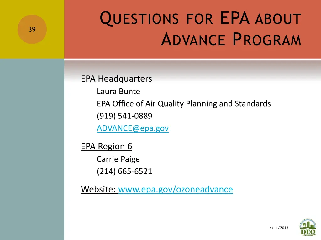 q uestions for epa about a dvance p rogram