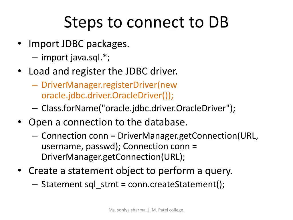 steps to connect to db import jdbc packages