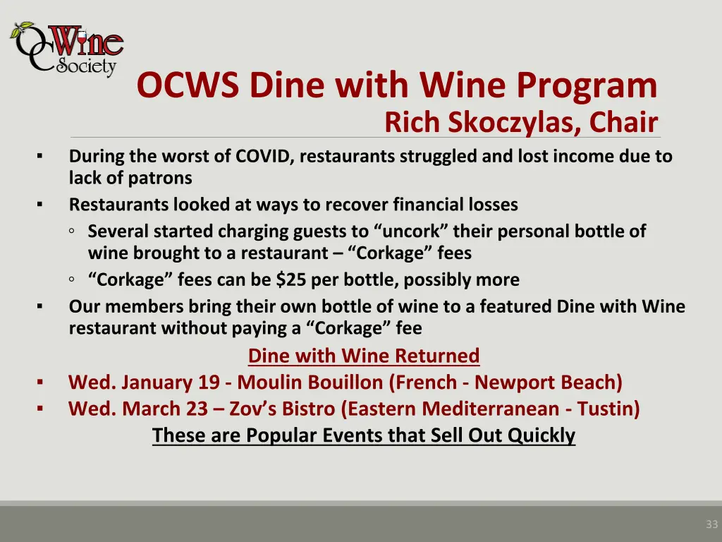 ocws dine with wine program rich skoczylas chair