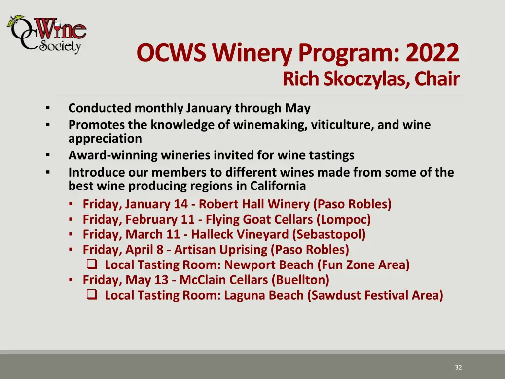 ocws winery program 2022 rich skoczylas chair