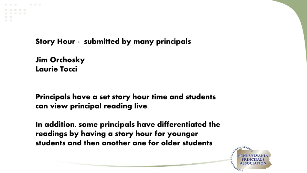 story hour submitted by many principals