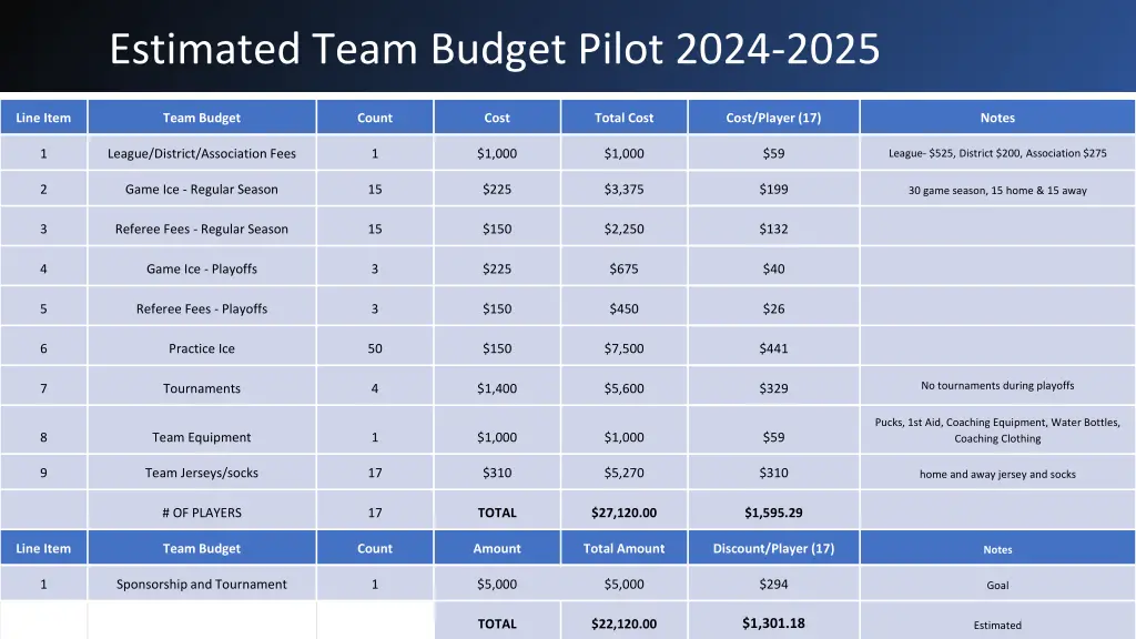 estimated team budget pilot 2024 2025