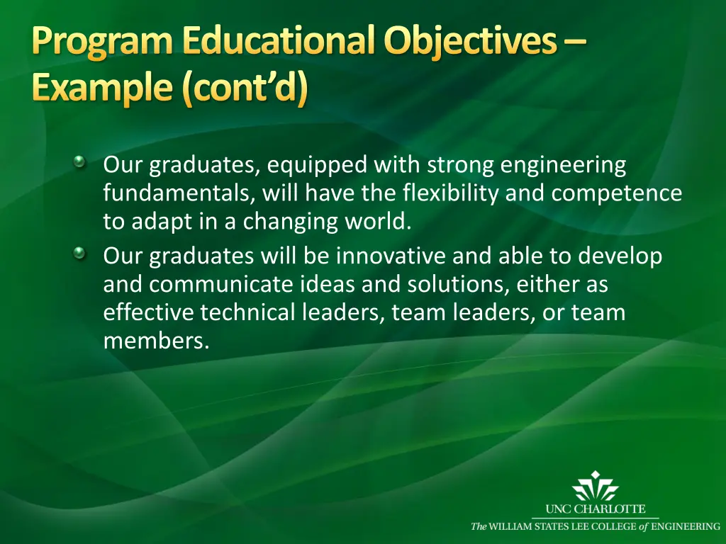 program educational objectives example cont d