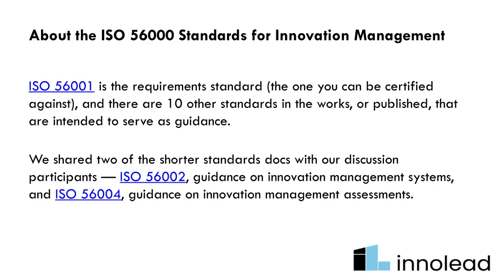 about the iso 56000 standards for innovation