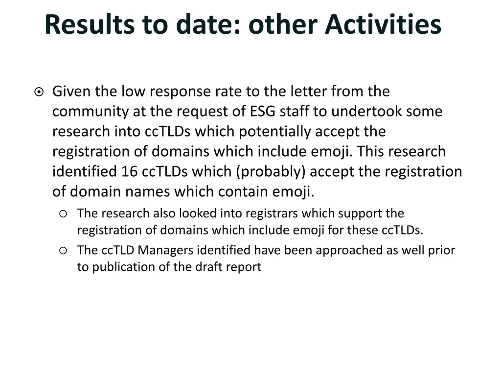 results to date other activities