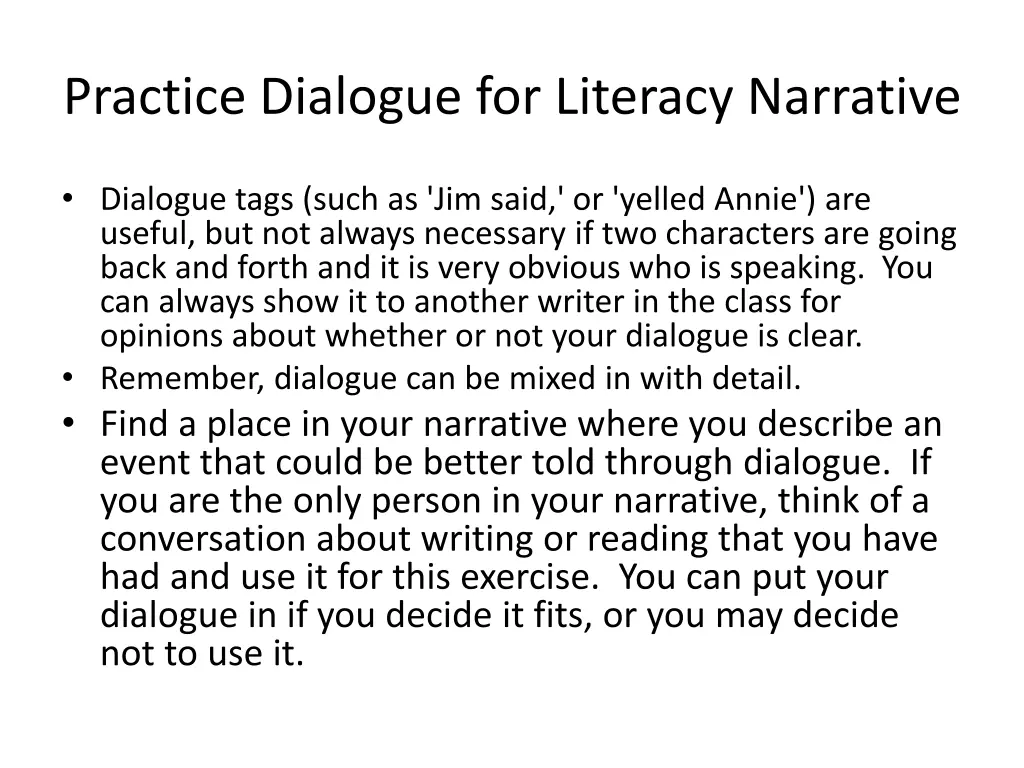 practice dialogue for literacy narrative