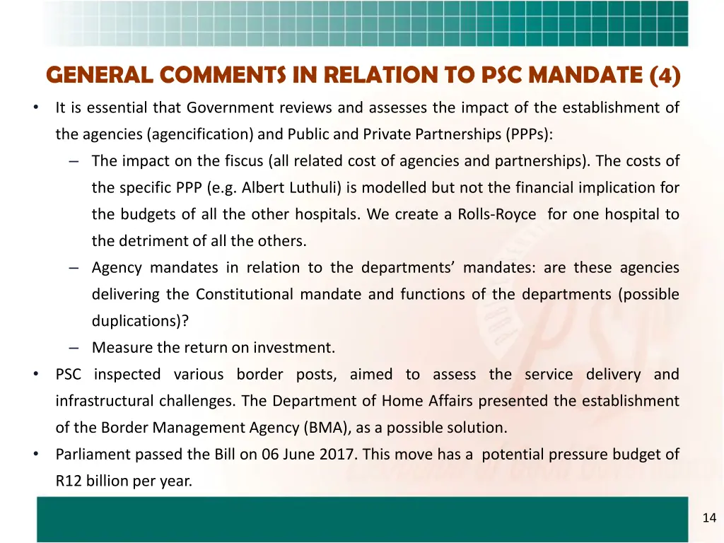 general comments in relation to psc mandate 4