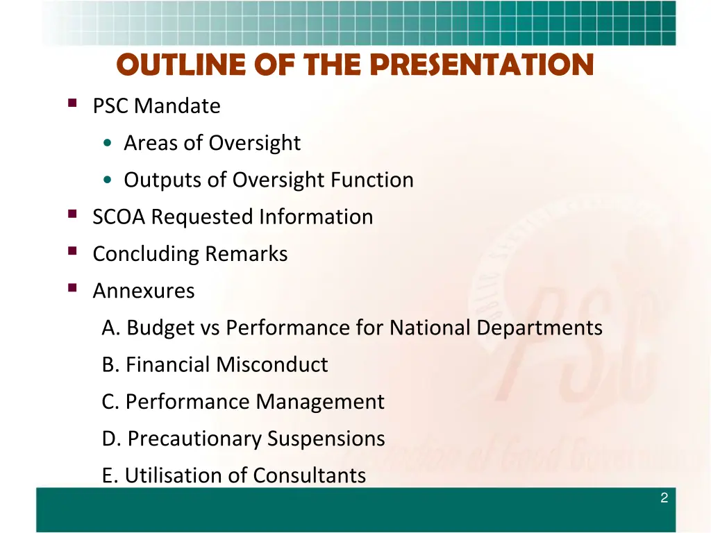 outline of the presentation psc mandate